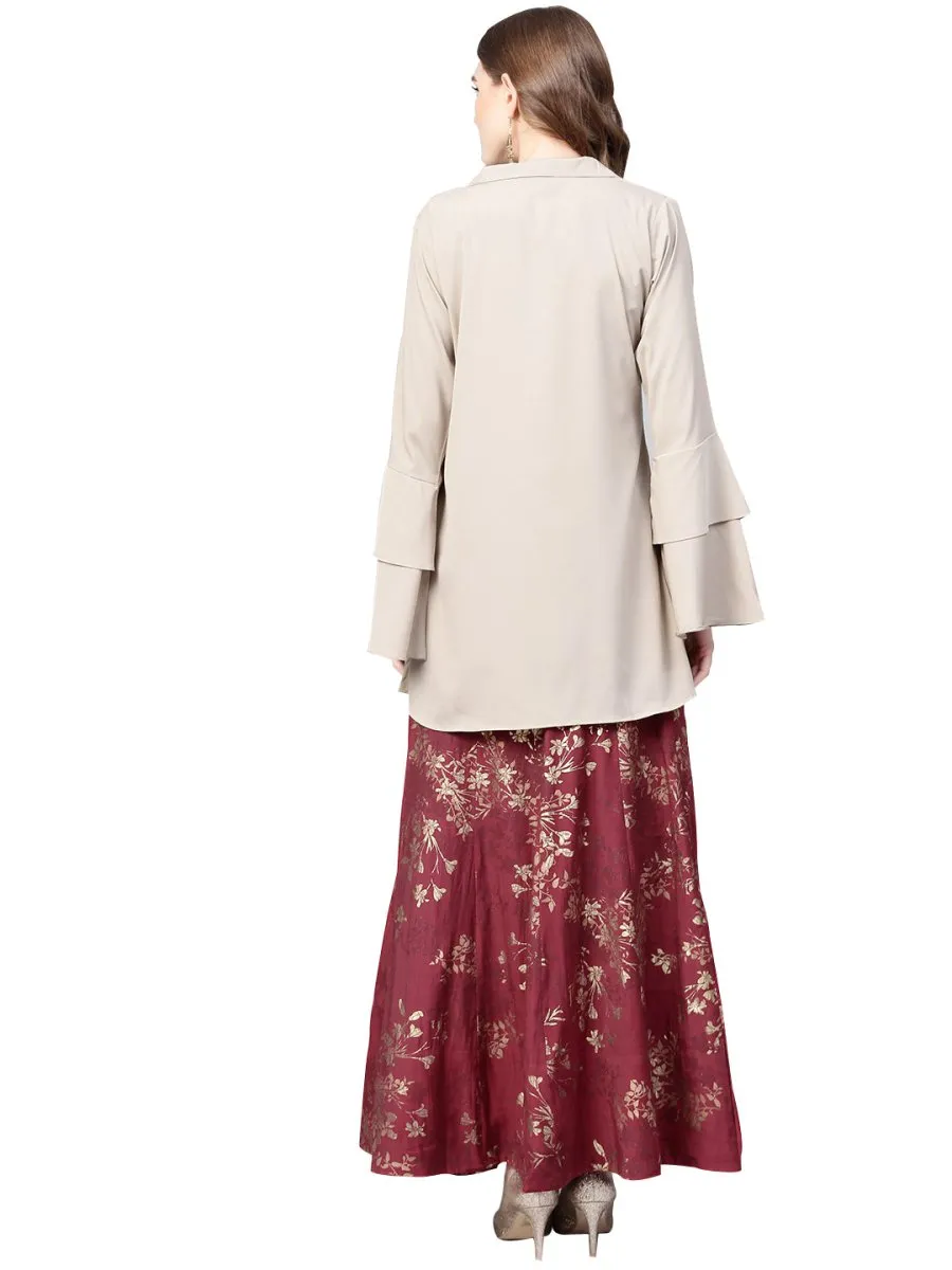 Ahalyaa Indowestern Beige & Maroon Shirt With Skirt Set