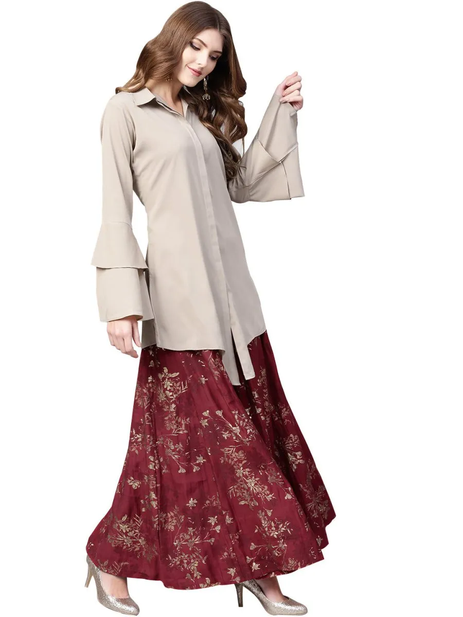 Ahalyaa Indowestern Beige & Maroon Shirt With Skirt Set