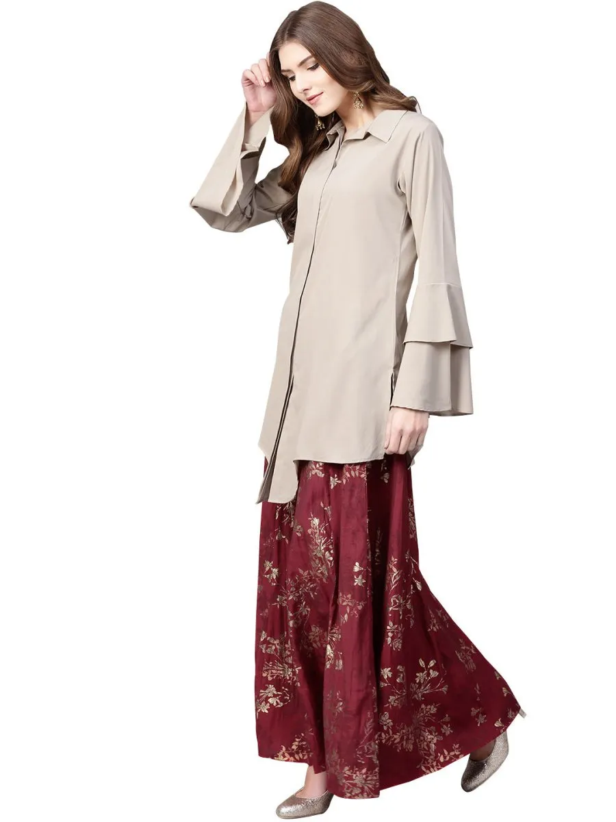 Ahalyaa Indowestern Beige & Maroon Shirt With Skirt Set