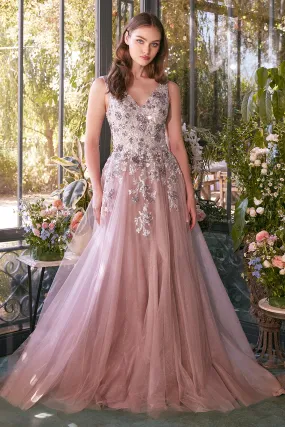 ANDREA & LEO A1401 Sequin Bouquet V-Neck Gown