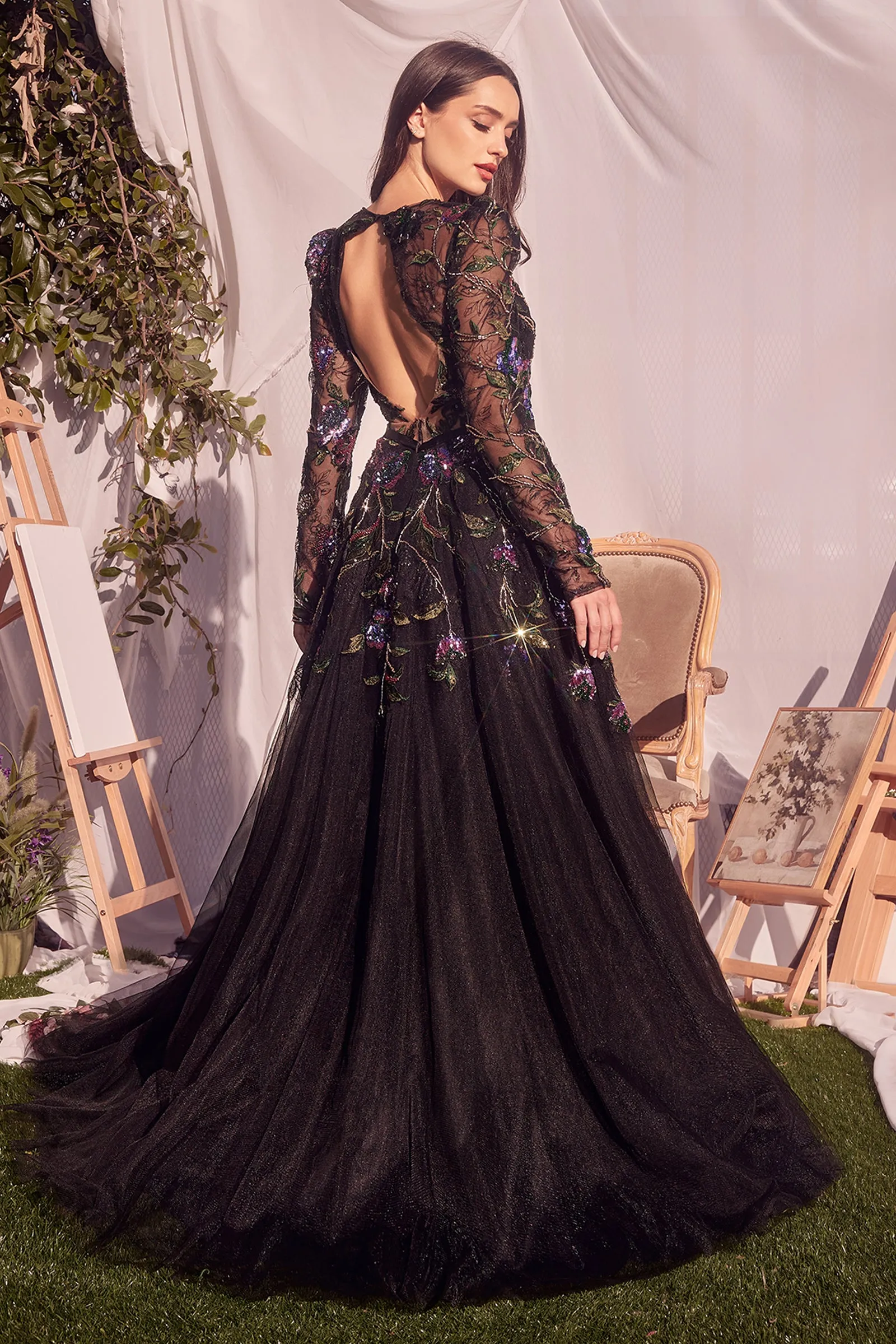 ANDREA & LEO MA107 Long Sleeve Black Embellished Ball Gown