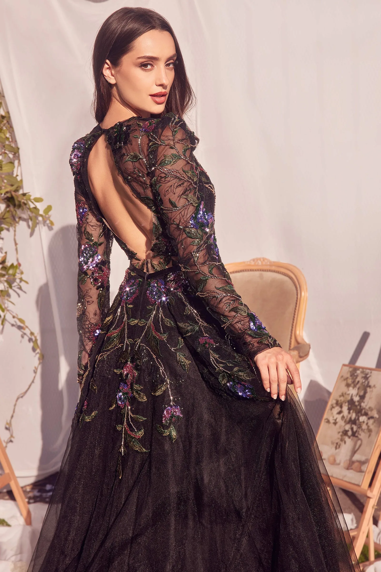 ANDREA & LEO MA107 Long Sleeve Black Embellished Ball Gown