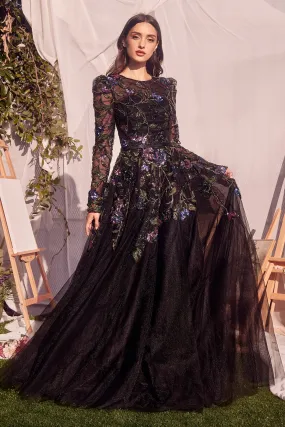 ANDREA & LEO MA107 Long Sleeve Black Embellished Ball Gown