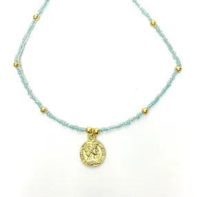 Baby blue Glass Bead Choker with Brass Coin Pendant