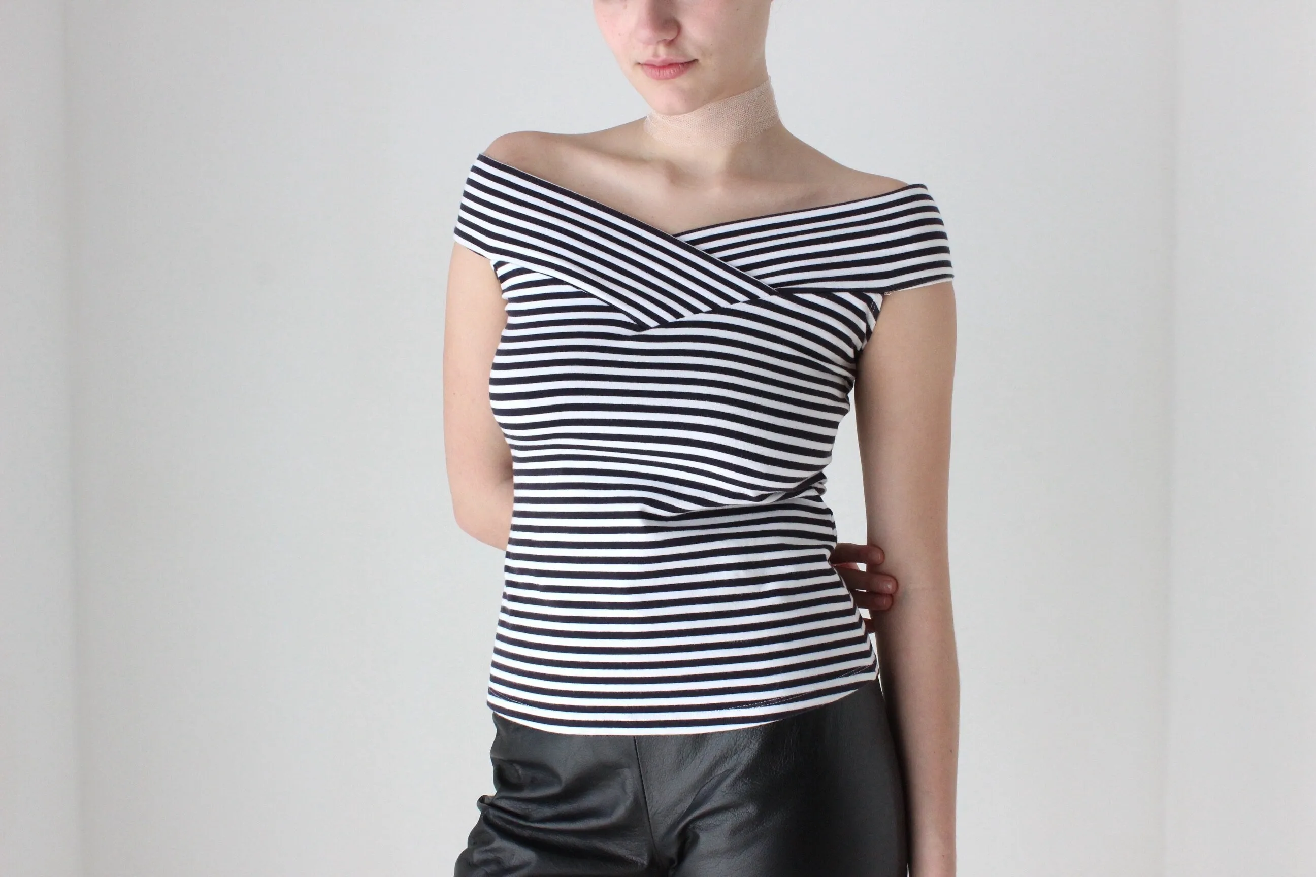BALLETCORE 90s Cotton Lycra Off Shoulder Stripe Top