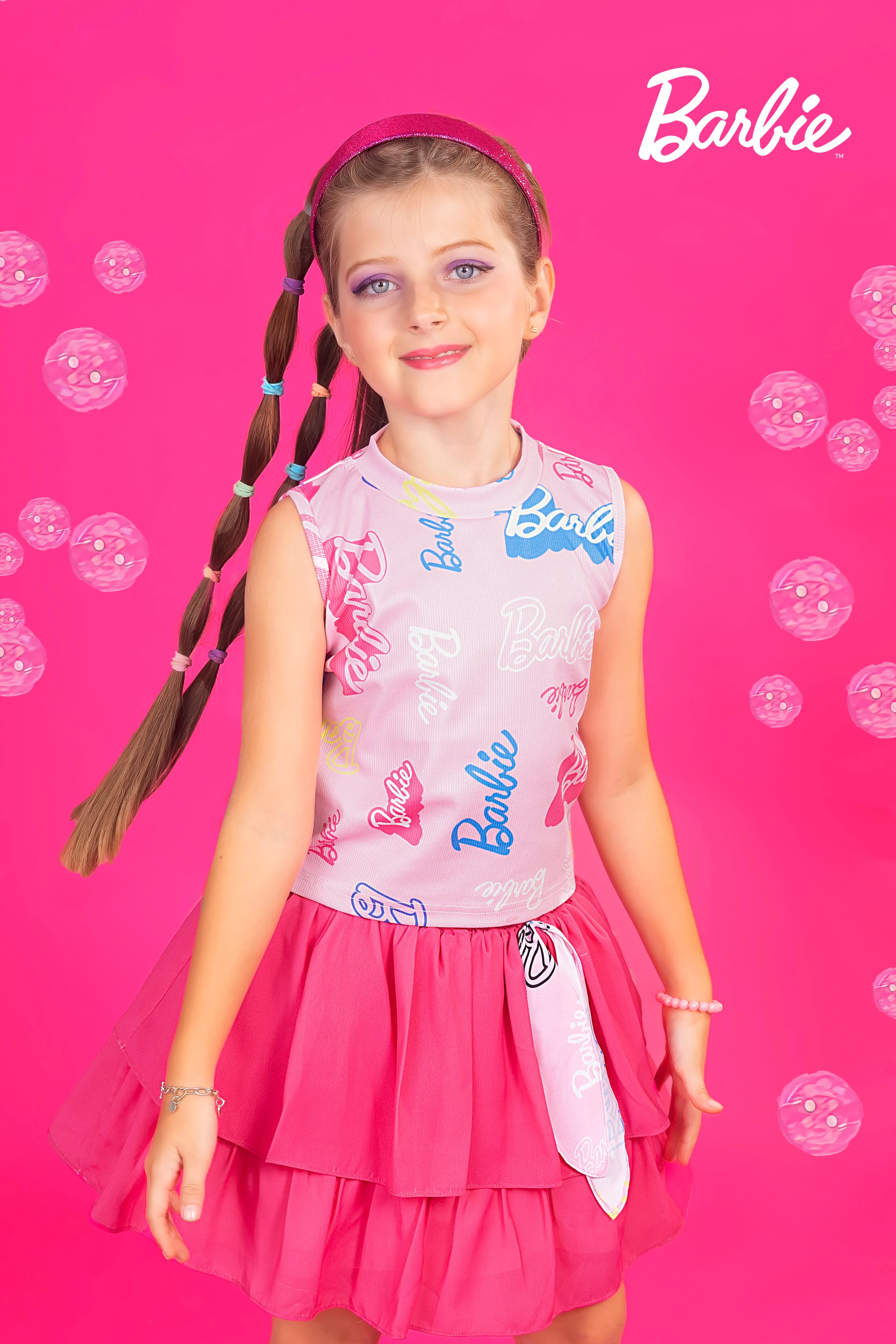 Barbie Round Neck Printed Knitted Top paired with a 2-layered Skirt with Can-Can inside.