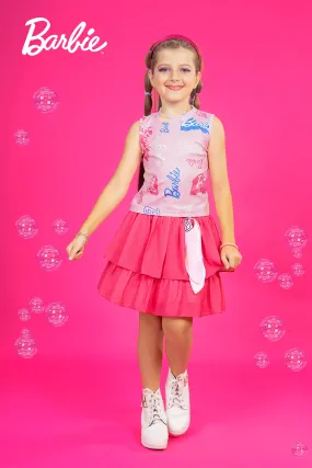 Barbie Round Neck Printed Knitted Top paired with a 2-layered Skirt with Can-Can inside.