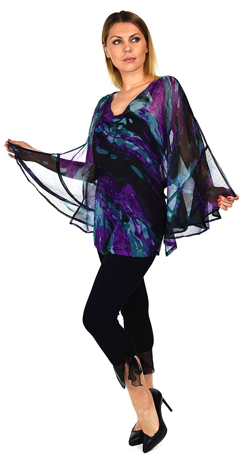 Beaded Butterfly Sleeve Tunic Blouse Top / Cover Up | Reg & Plus Sizes