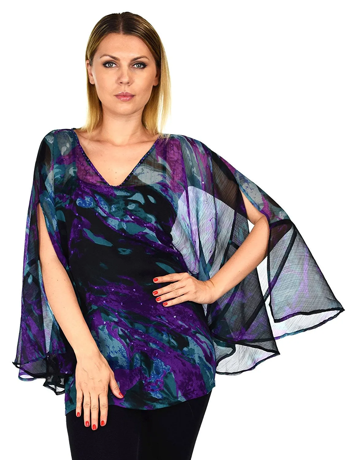 Beaded Butterfly Sleeve Tunic Blouse Top / Cover Up | Reg & Plus Sizes