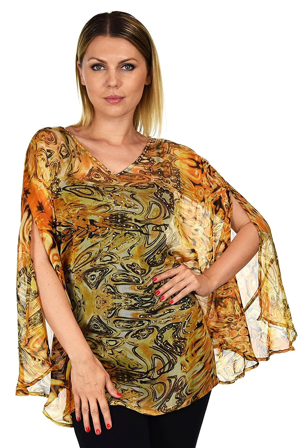 Beaded Butterfly Sleeve Tunic Blouse Top / Cover Up | Reg & Plus Sizes