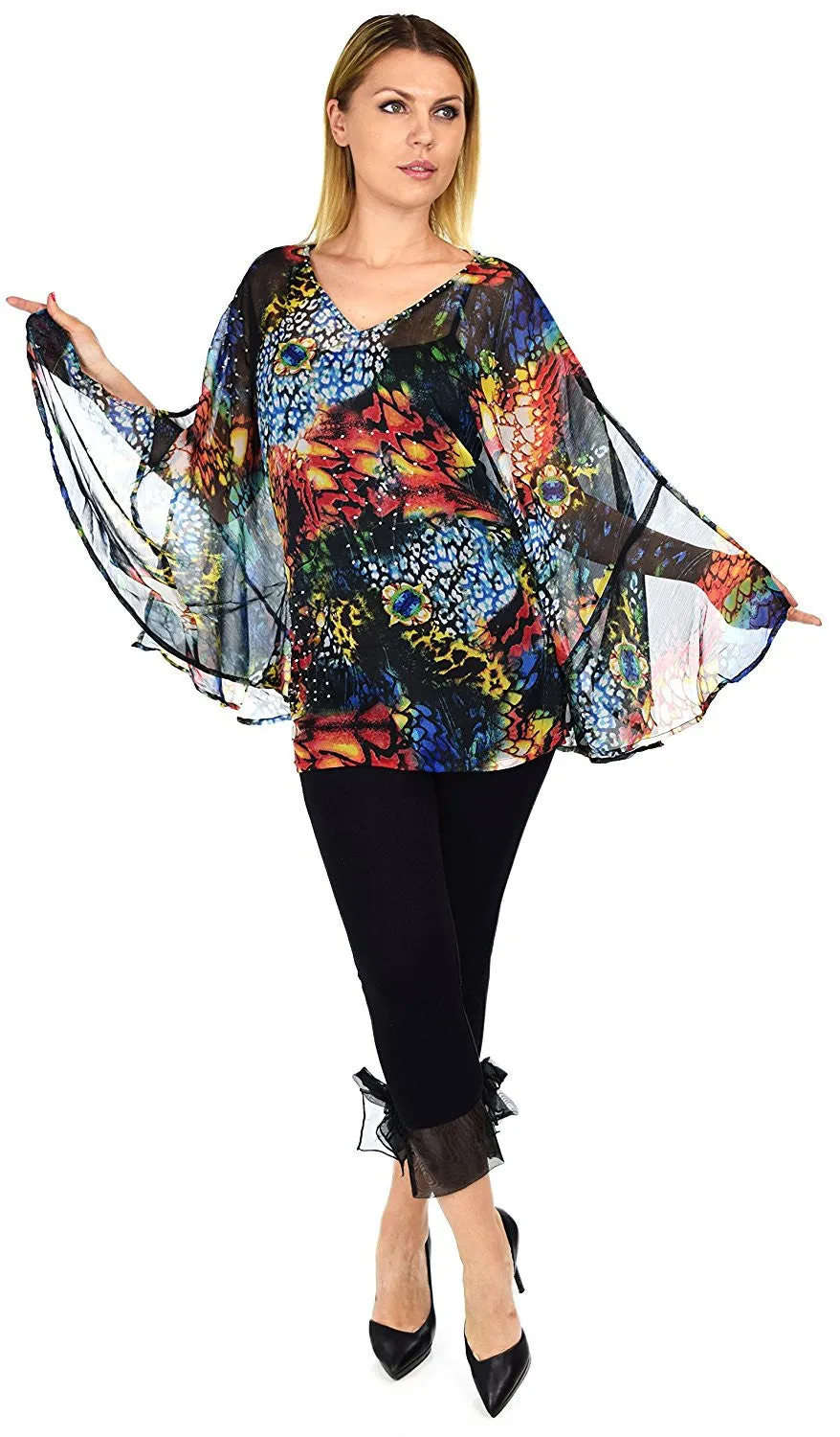 Beaded Butterfly Sleeve Tunic Blouse Top / Cover Up | Reg & Plus Sizes