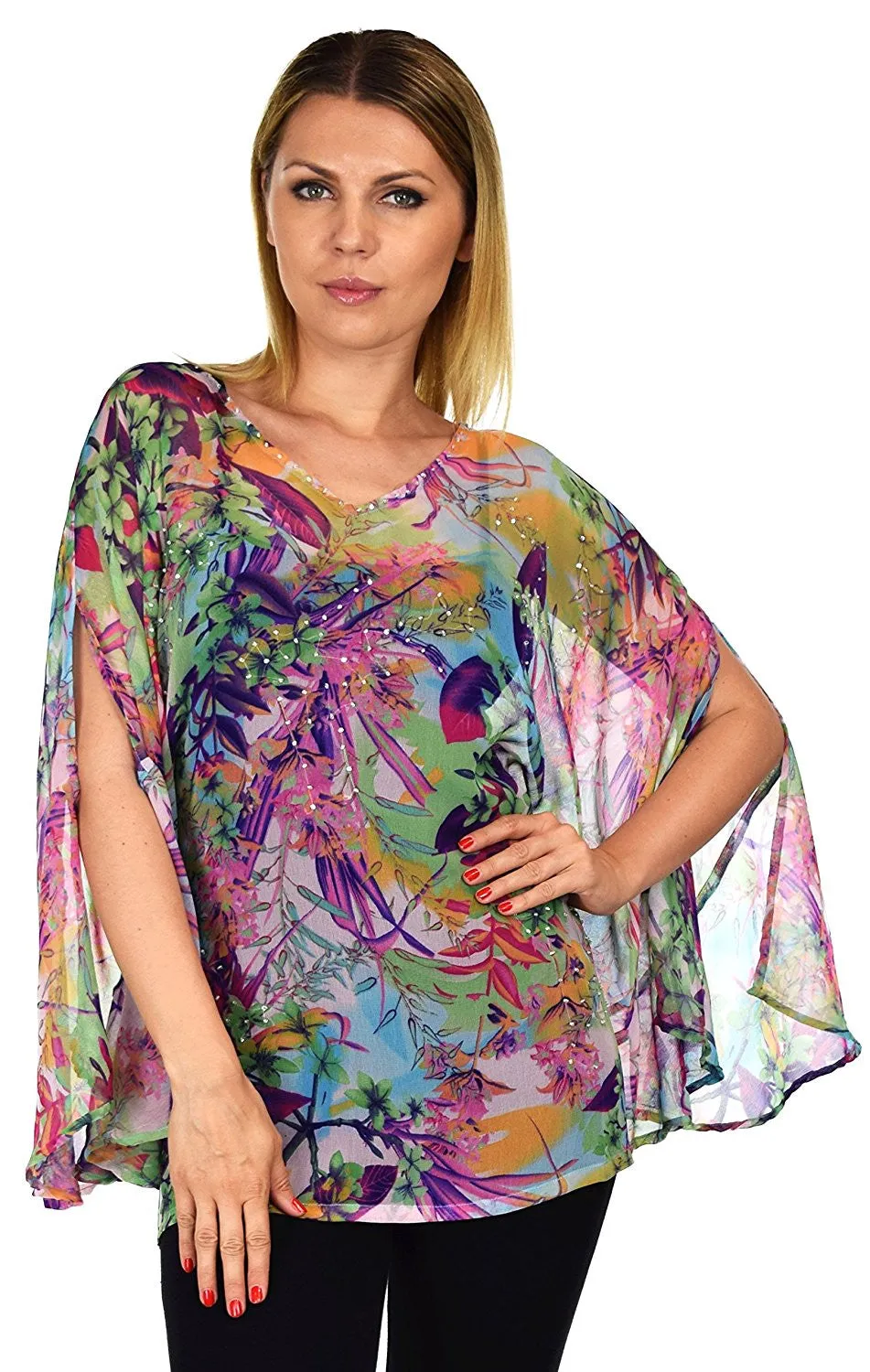 Beaded Butterfly Sleeve Tunic Blouse Top / Cover Up | Reg & Plus Sizes