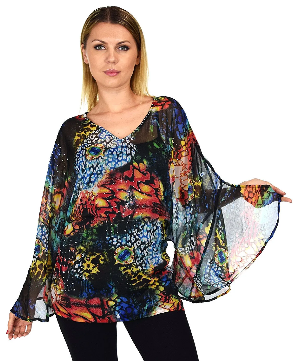 Beaded Butterfly Sleeve Tunic Blouse Top / Cover Up | Reg & Plus Sizes