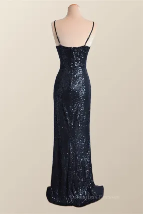 Black Sequin Straps Faux Wrap Party Dress