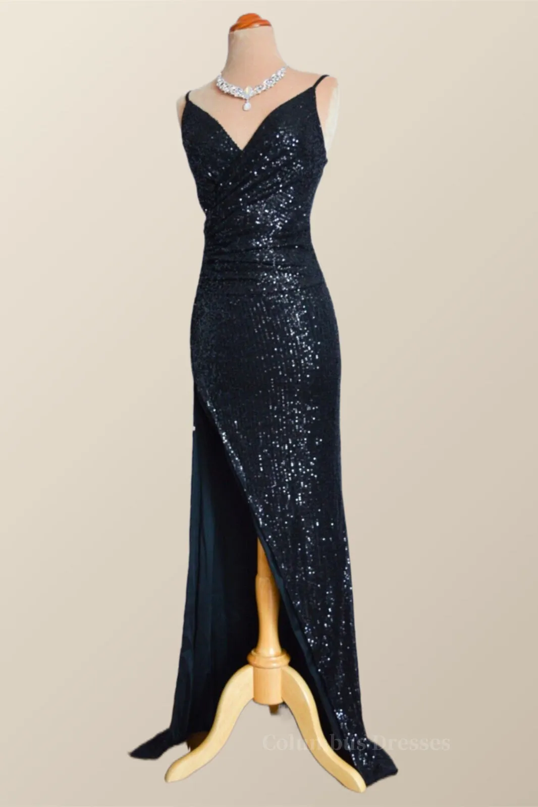 Black Sequin Straps Faux Wrap Party Dress