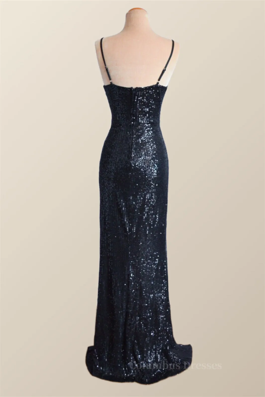 Black Sequin Straps Faux Wrap Party Dress