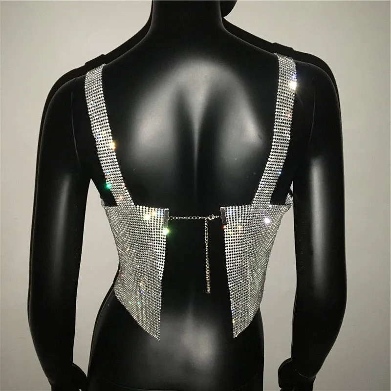 Bling Rhinestones Party Crop Top 2021 Fashion Solid Backless Straps Full Diamonds Sequins Cami Cropped Top for Women