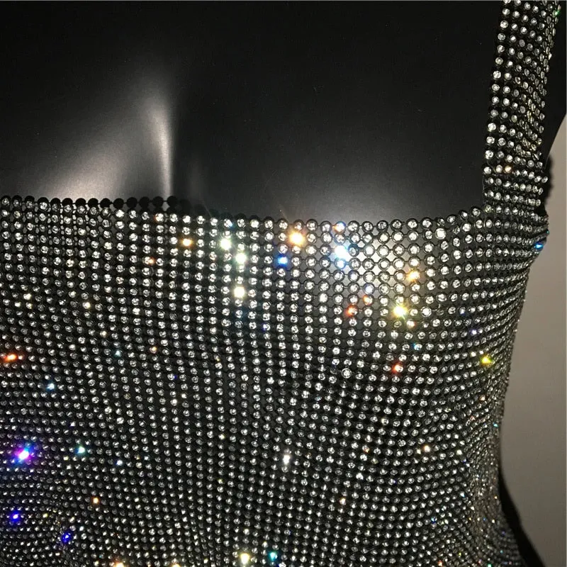 Bling Rhinestones Party Crop Top 2021 Fashion Solid Backless Straps Full Diamonds Sequins Cami Cropped Top for Women