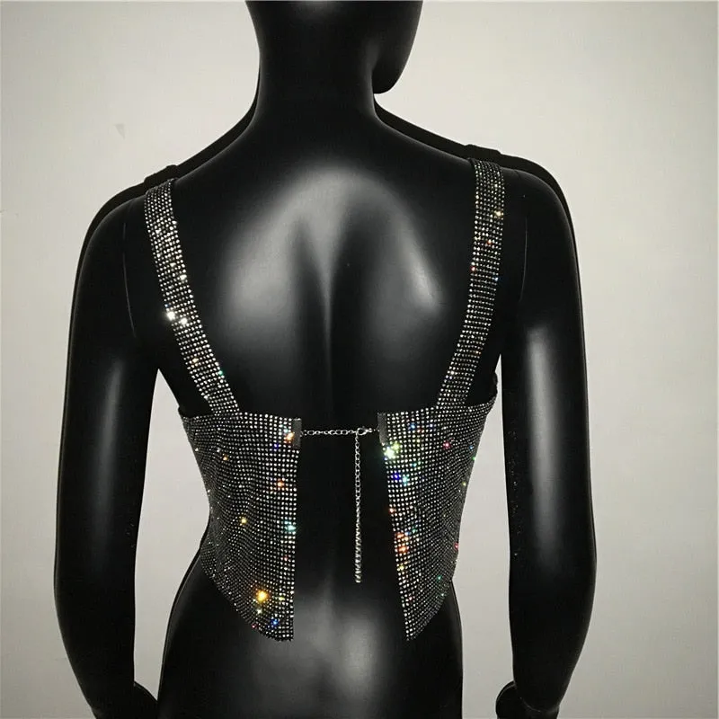Bling Rhinestones Party Crop Top 2021 Fashion Solid Backless Straps Full Diamonds Sequins Cami Cropped Top for Women