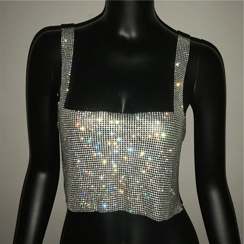 Bling Rhinestones Party Crop Top 2021 Fashion Solid Backless Straps Full Diamonds Sequins Cami Cropped Top for Women