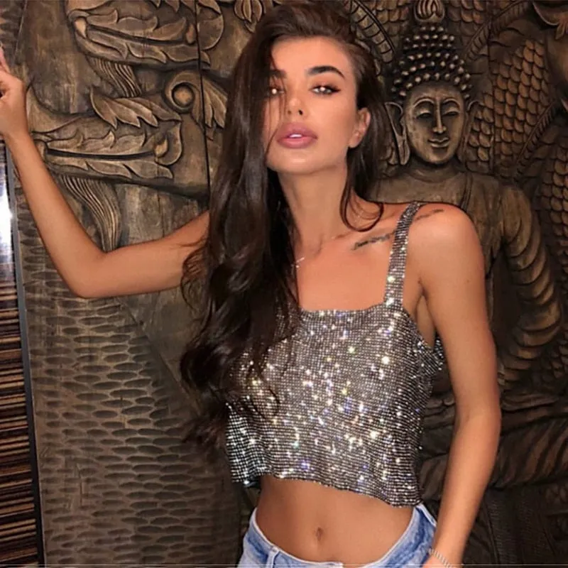 Bling Rhinestones Party Crop Top 2021 Fashion Solid Backless Straps Full Diamonds Sequins Cami Cropped Top for Women