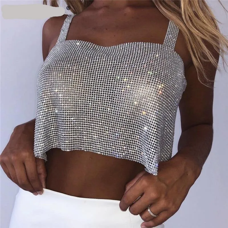 Bling Rhinestones Party Crop Top 2021 Fashion Solid Backless Straps Full Diamonds Sequins Cami Cropped Top for Women