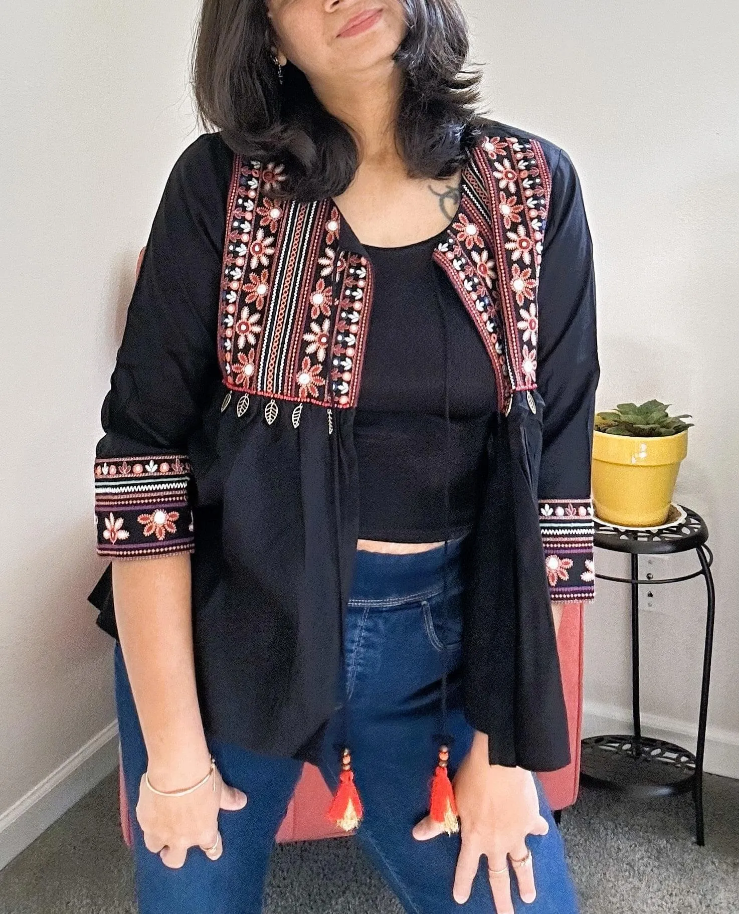Bohemian Kutch Embroidered Black Shrug