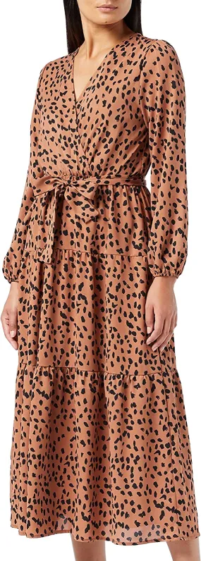 Brown Boho Print Maxi Dress Ruffle Long Sleeve Wrap V Neck Casual A Line Flowy Party Long Dress with Belt - Find