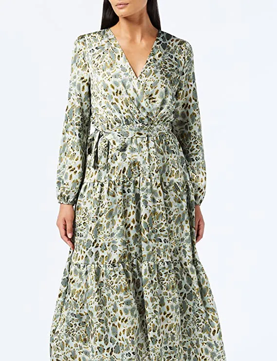 Brown Boho Print Maxi Dress Ruffle Long Sleeve Wrap V Neck Casual A Line Flowy Party Long Dress with Belt - Find