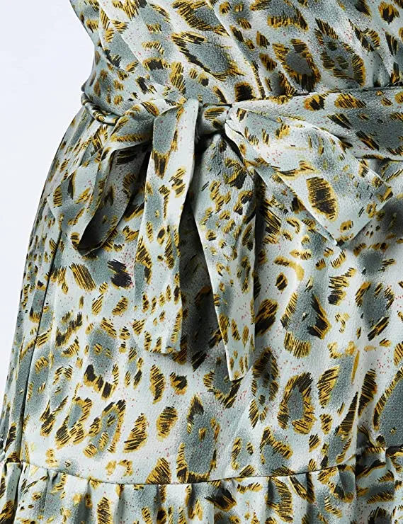 Brown Boho Print Maxi Dress Ruffle Long Sleeve Wrap V Neck Casual A Line Flowy Party Long Dress with Belt - Find
