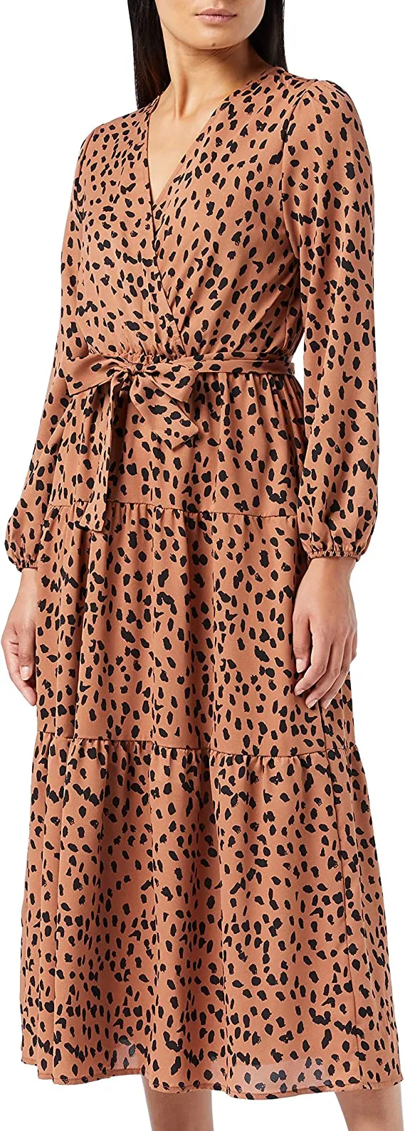 Brown Boho Print Maxi Dress Ruffle Long Sleeve Wrap V Neck Casual A Line Flowy Party Long Dress with Belt - Find