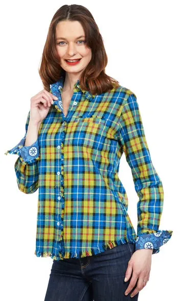 Cape Cod Tunic With Fringe-Indigo Blue Flannel Plaid