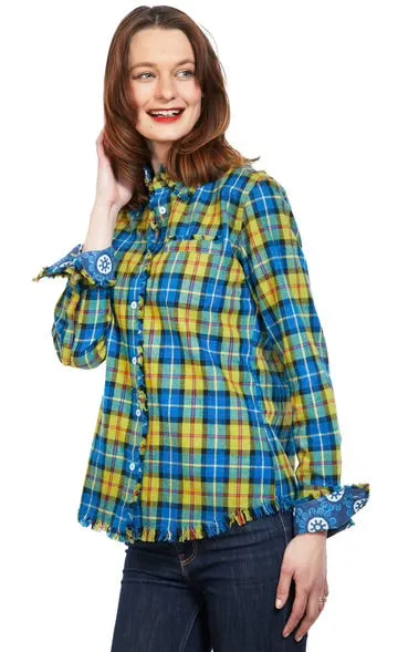 Cape Cod Tunic With Fringe-Indigo Blue Flannel Plaid