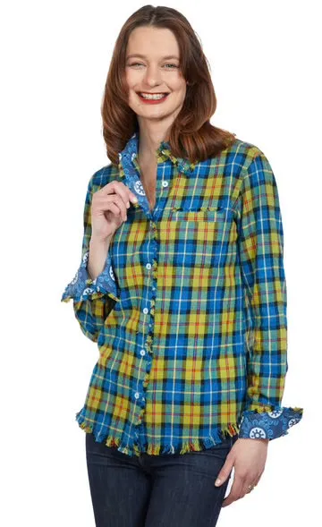 Cape Cod Tunic With Fringe-Indigo Blue Flannel Plaid