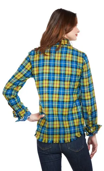Cape Cod Tunic With Fringe-Indigo Blue Flannel Plaid