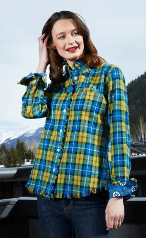 Cape Cod Tunic With Fringe-Indigo Blue Flannel Plaid