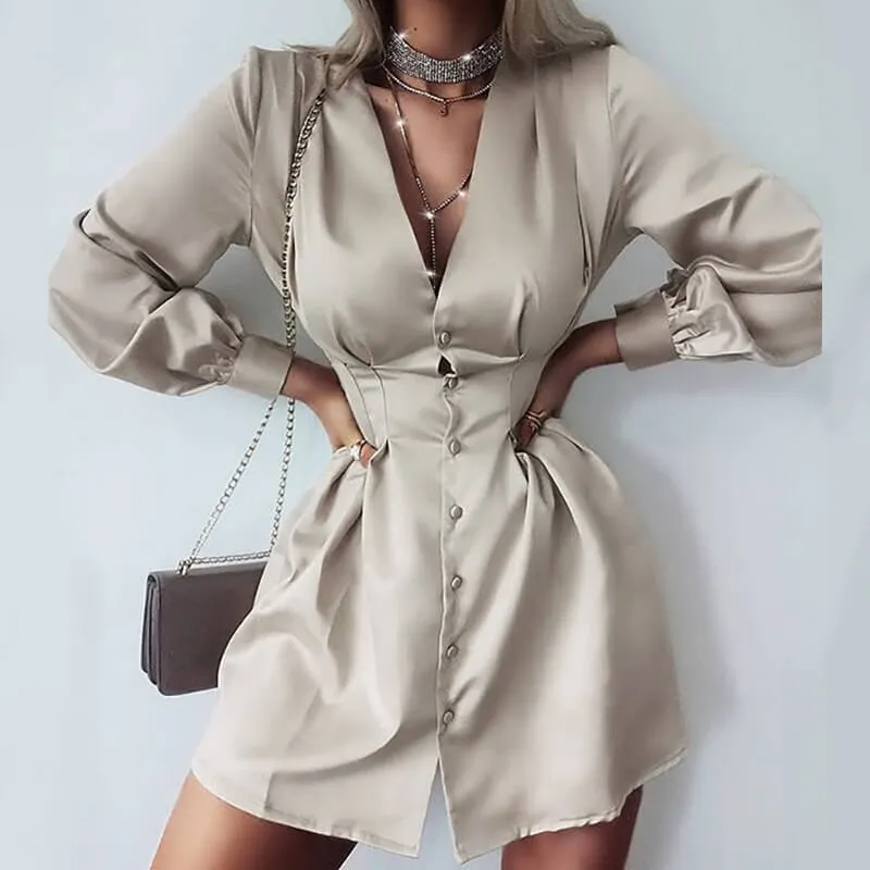 Casual Long Sleeve Deep V Neck Mini Dress