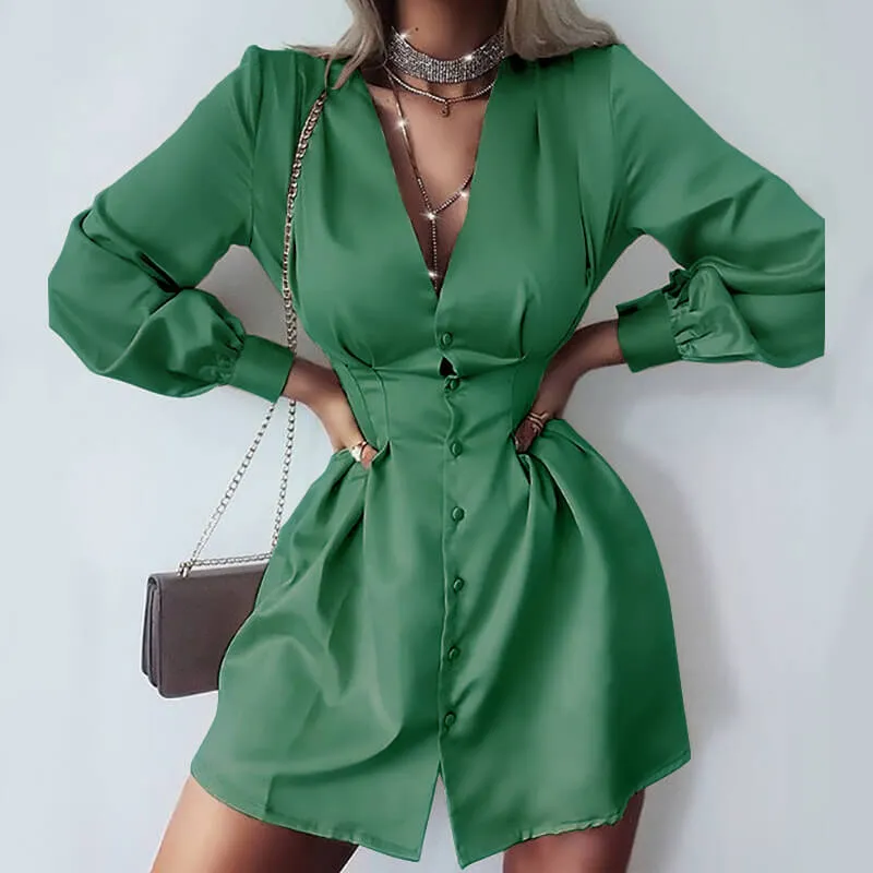 Casual Long Sleeve Deep V Neck Mini Dress