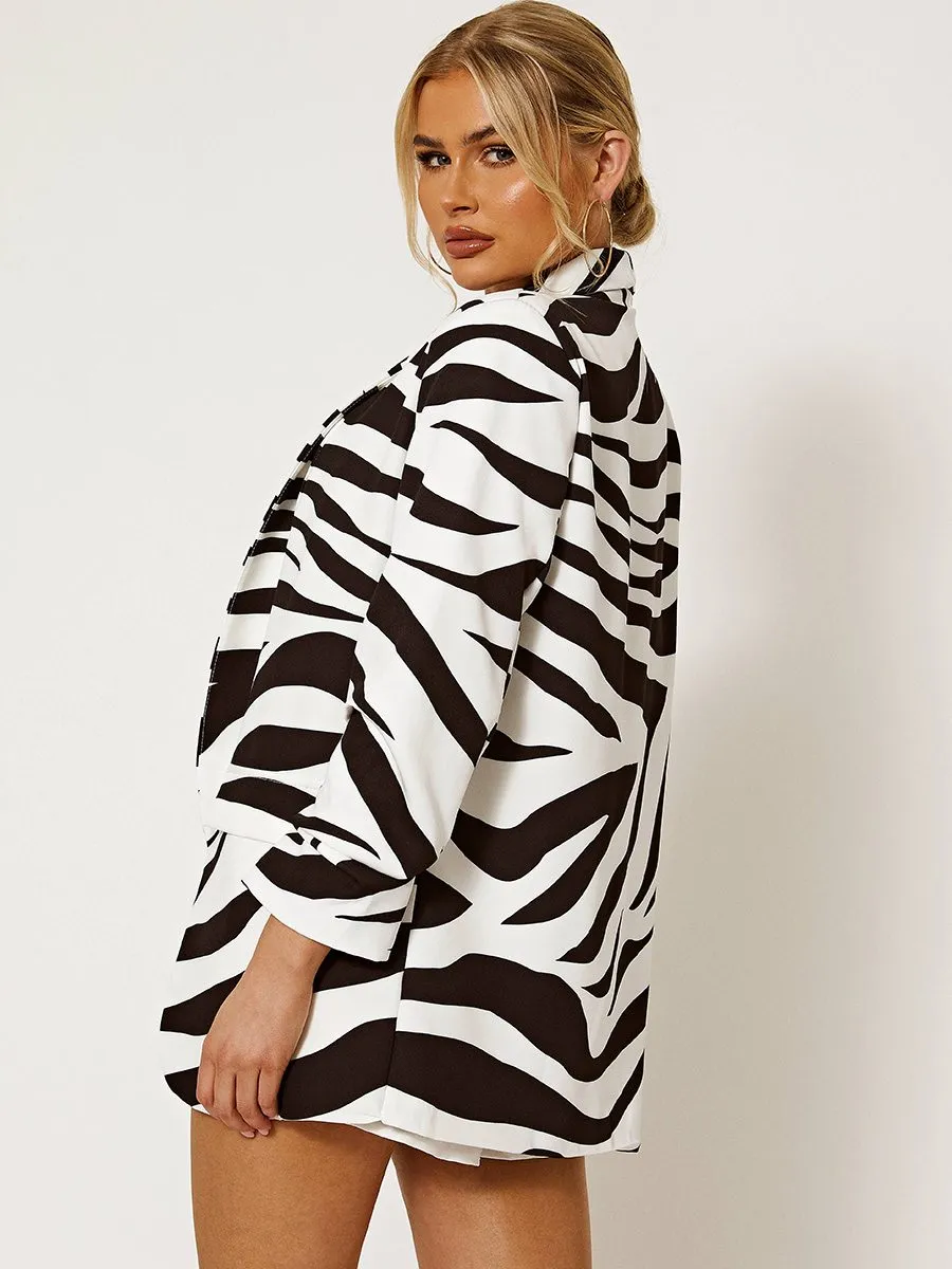 Chelsie Zebra Print Blazer With Ruched Sleeves In Black