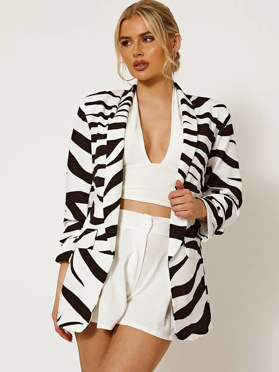 Chelsie Zebra Print Blazer With Ruched Sleeves In Black
