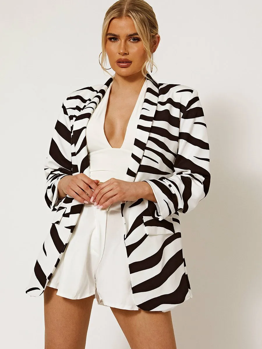 Chelsie Zebra Print Blazer With Ruched Sleeves In Black