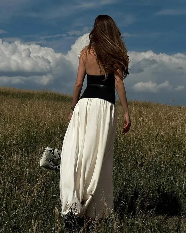 Contrast Patchwork Halter Backless Long Bodycon Dress