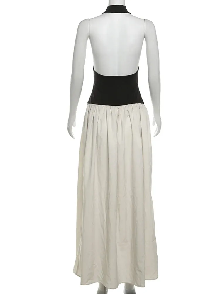 Contrast Patchwork Halter Backless Long Bodycon Dress