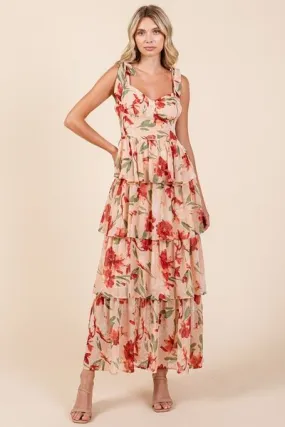 Coral Color Layered Floral Sweetheart Neck Maxi Dress