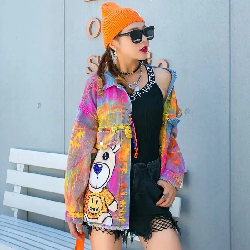 Cute Bear Colorful Graffiti Denim Jacket
