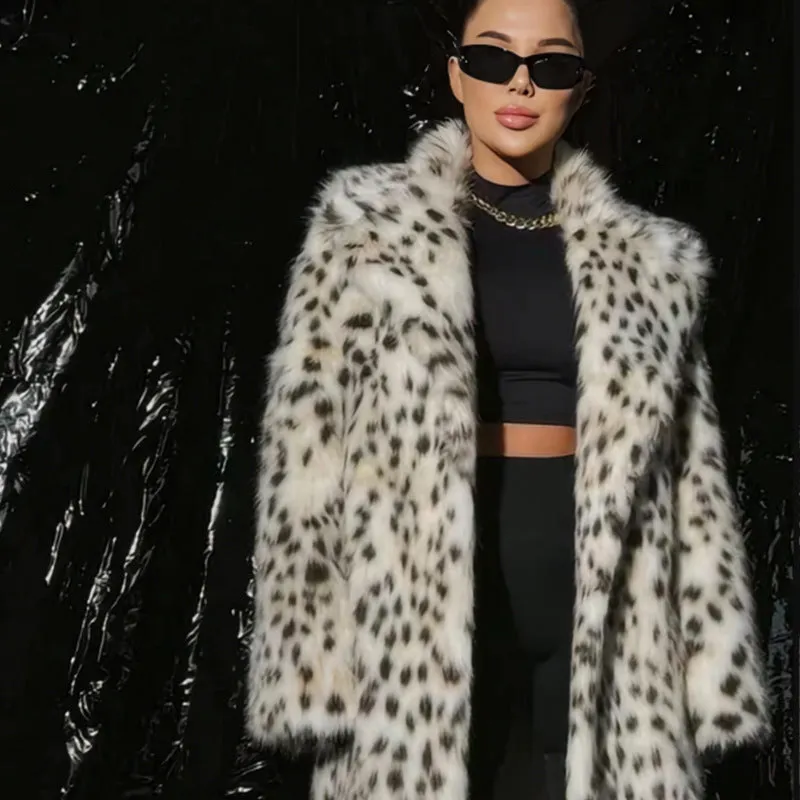 Elegant Leopard Print Faux Fur Coat – Belted Mid-Length Animal Print Winter Jacket