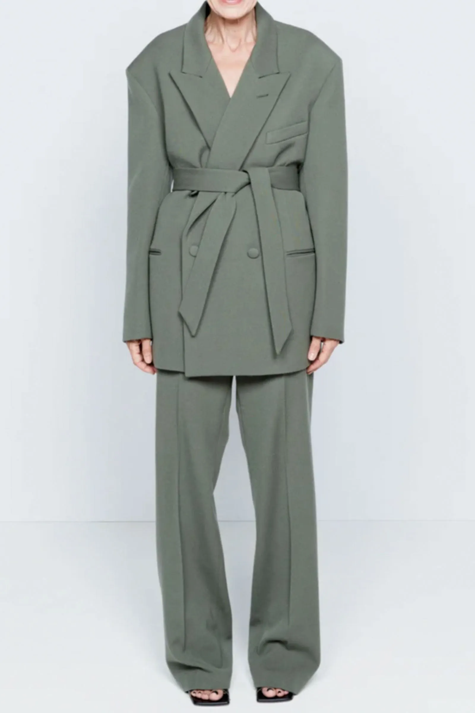 Exaggerated Recycled Wool-Blend Tux Blazer-Khaki-green