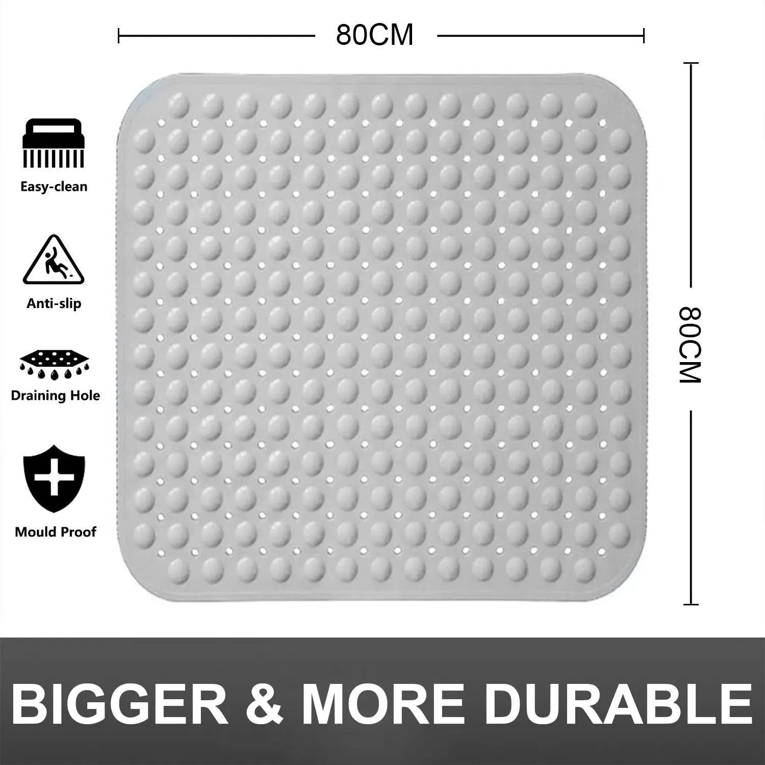Experia Anti-Slip with Suction Cup Bath Mat, 80 x 80cm Grey (Soft-Pebble)