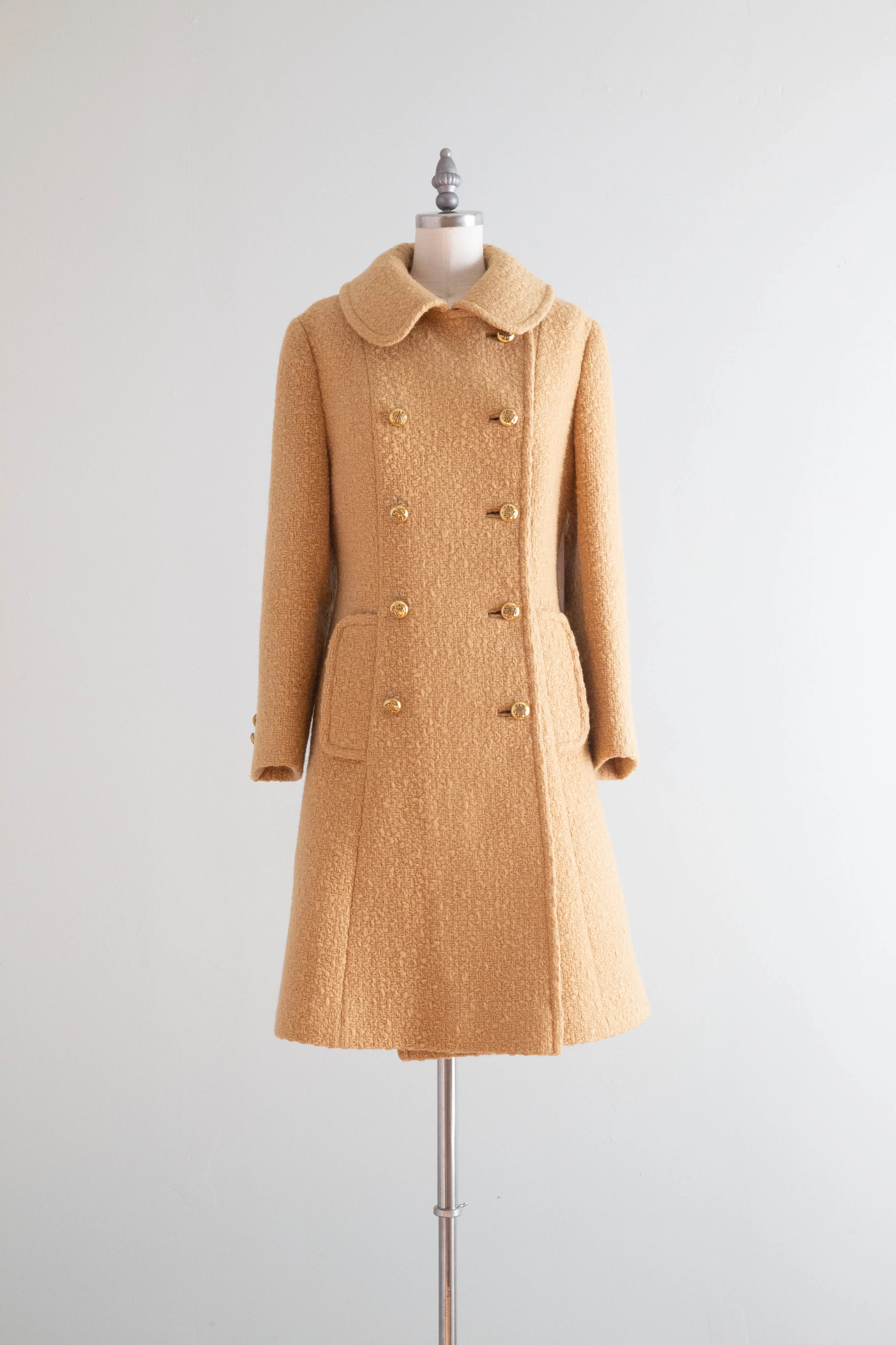Fabulous 1960's Camel Color Woven Wool Coat By Dumas / Medium
