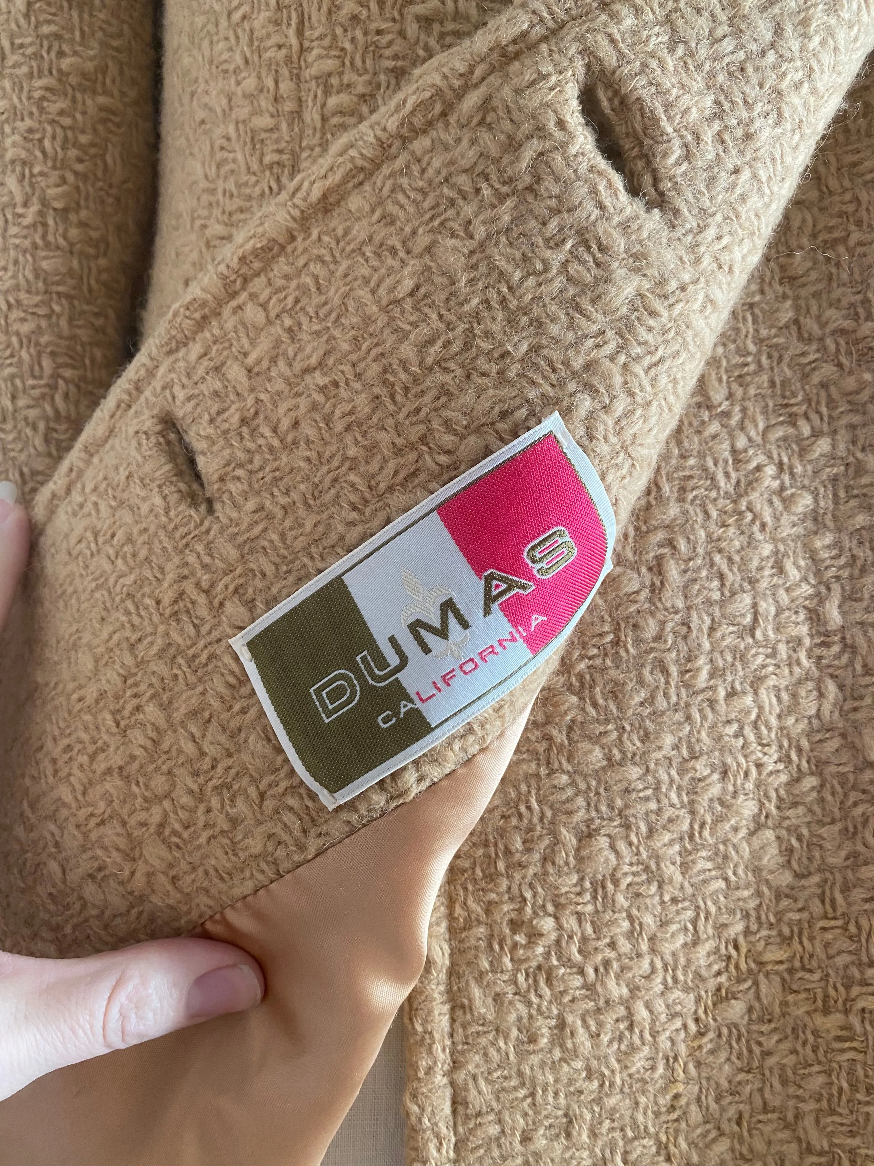Fabulous 1960's Camel Color Woven Wool Coat By Dumas / Medium